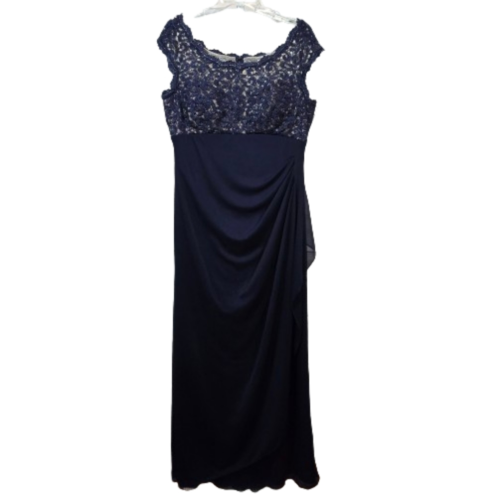 Xscape Gown, Navy Blue, Lace, Sheer, Ruched Cascading Waist on Side, Size 14
